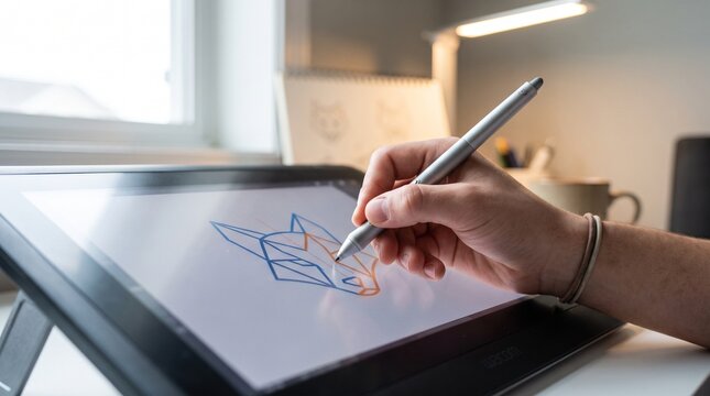 Digital artist drawing fox logo on graphic tablet, professional illustrator using stylus pen on screen, creative workspace with pen display monitor