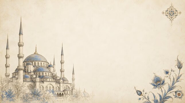 Sultan Ahmed Blue Mosque Minaret Line Art Iznik Floral Parchment Banner