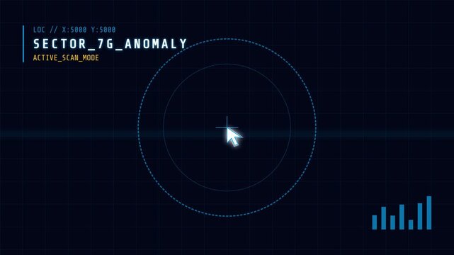 Futuristic radar system, glowing cursor and concentric circles on dark grid, symbolizing technology, representing innovation.