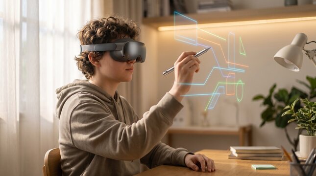 Virtual reality designer using VR headset and stylus, creative professional working with digital holographic interface, futuristic workspace with augmented reality