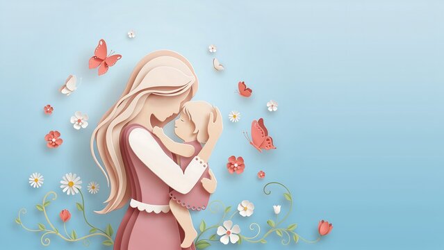 Mother holding baby surrounded by flowers and butterflies