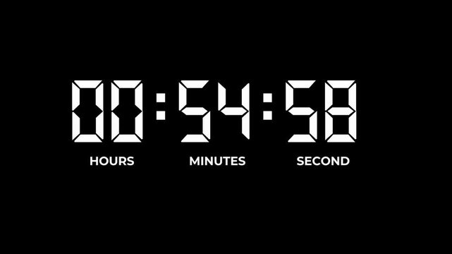 Modern digital countdown timer displaying hours, minutes, and seconds on a black background. Clean LED-style numeric clock animation ideal for presentations, events, livestreams, productivity