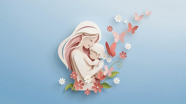 Mother hugging baby surrounded by flowers and butterflies