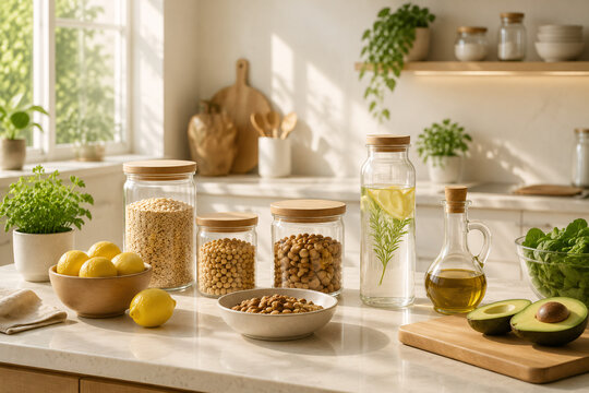 Sunny breakfast spread with lemons, eggs, and produce