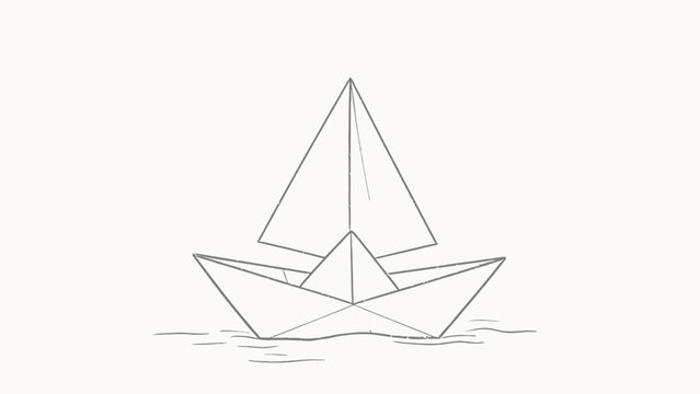 Minimalist black and white line drawing of a folded paper boat floating gently on calm water ripples