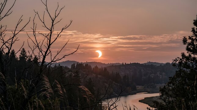 Partial solar eclipse over a scenic forest landscape during a golden sunset.