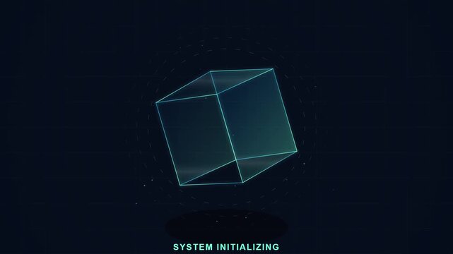 Neon Blue Glowing Cube Rotating In Futuristic Digital Cyber Space