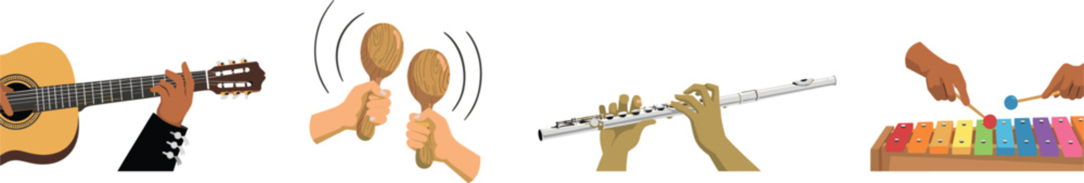 Hands playing musical instruments vector set featuring acoustic guitar wooden maracas silver flute and colorful xylophone for music education school band or festival concept illustration