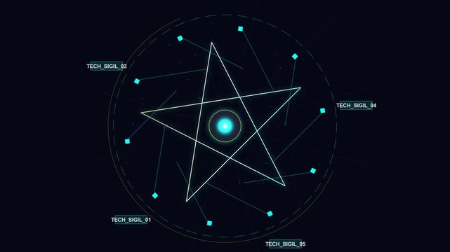 Digital pentagram interface with rotating data points and light effect
