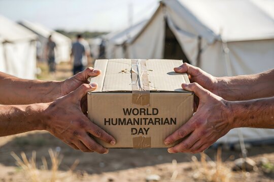 Hands holding a box for world humanitarian day in a refugee camp with donation
