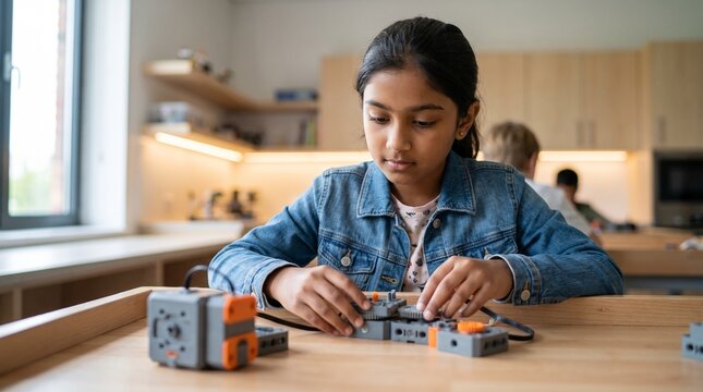 Focused young girl building robotics kit in classroom, elementary student learning STEM education with electronic blocks, creative child engineering robot