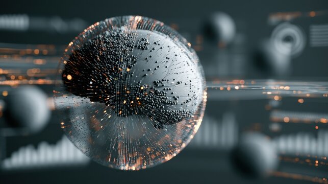 Abstract digital sphere with connected small black cubes floating in futuristic space with blurred data visualization and glowing particle trails in dark background