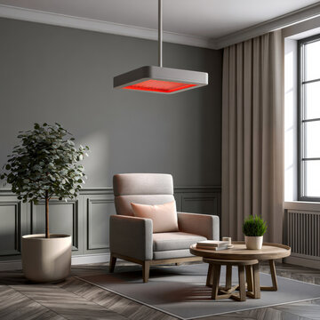 Modern armchair soft pillow red light therapy panel potted plant coffee table cozy living room sunlight elegant decor