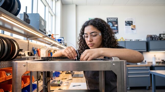 Female engineering student using 3D printer in modern laboratory, young woman technician working with additive manufacturing technology, STEM education concept