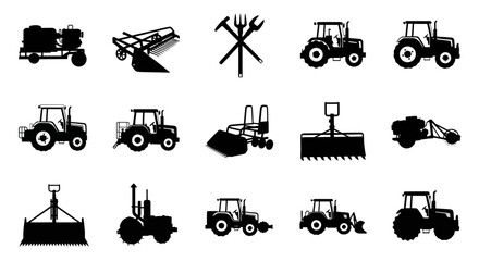 Obraz premium Black silhouettes of various farming with tractors farming equipment tools white background construction agriculture machinery vehicles with industry
