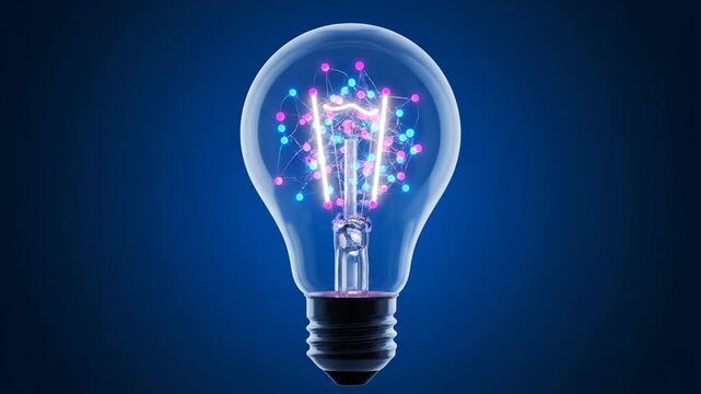 Light bulb with glowing neon pink and blue abstract particles inside on a dark blue background