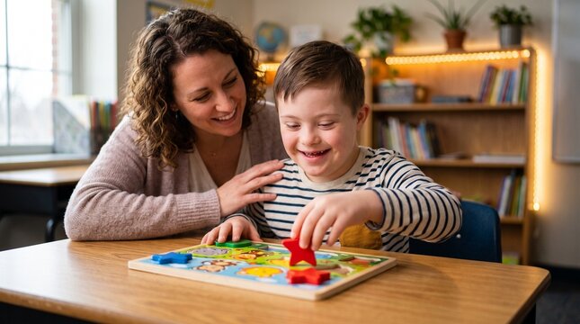 Inclusive education with down syndrome boy and teacher, special needs student playing with wooden puzzle, diverse classroom learning environment