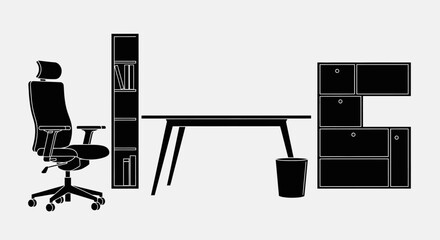 Office workspace with chair desk with depicts minimalist office setup chair filing cabinet desk bookshelf professional organization furniture © Pabitra