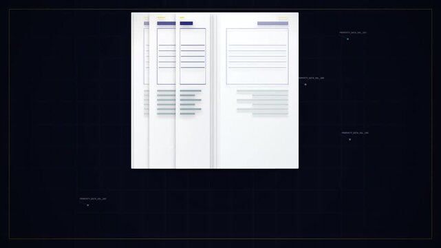 Digital book pages flipping in a modern interface with data markers