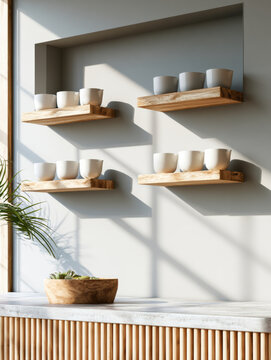 Minimalist coffee corner with wooden shelves, white ceramic cups, natural light, modern decor, cozy atmosphere, indoor plant accent