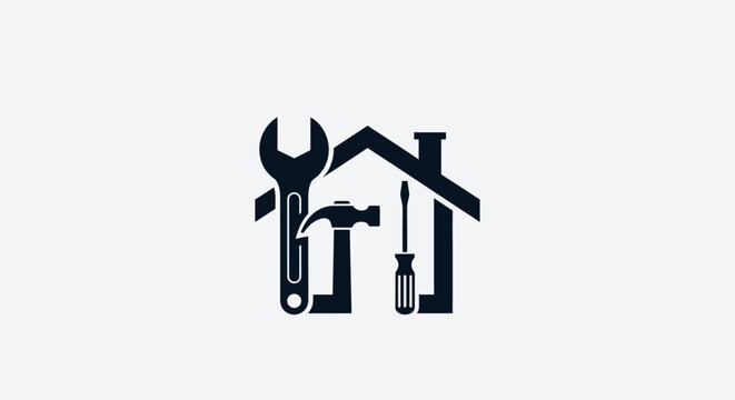 Tools for home repair with stylized logo house outline made tools construction maintenance screwdriver improvement renovation handyman with hardware