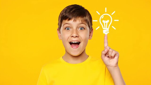 Surprised young boy with wide eyes and open mouth pointing up with his finger on a vibrant yellow background