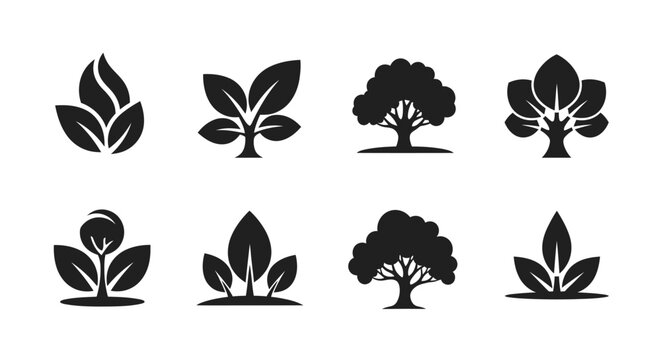 Collection of black tree and leaf silhouettes on white background with silhouettes trees leaves leaves arranged two rows plain white set eight black