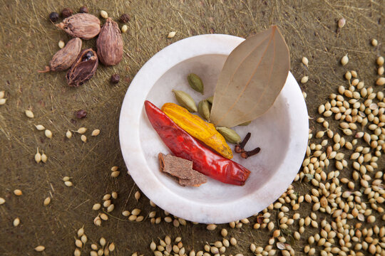Close-up of an Indian Spices with marble mortar