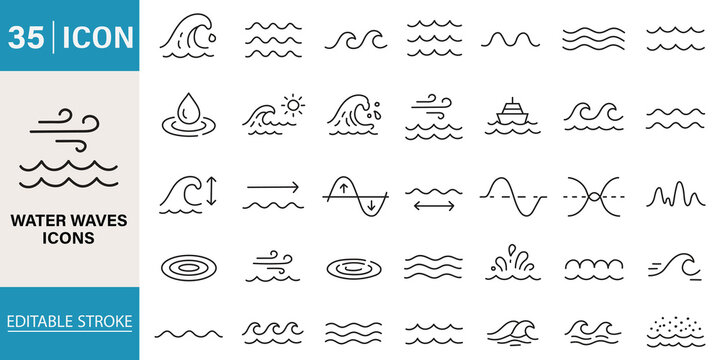 Ocean wave line icons set water sea surf nautical symbols minimal outline vector illustration nature marine collection isolated background
