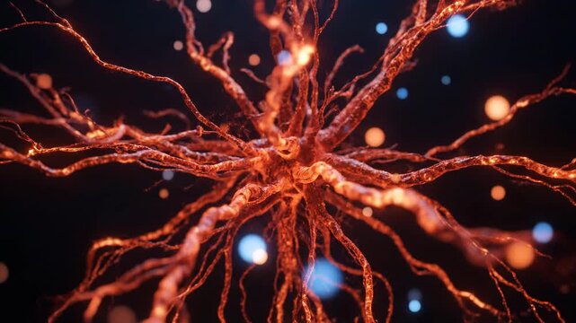 Abstract glowing neuron or virus cell with plasma energy tentacles and floating particles in dark space