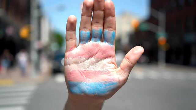 Closeup of a human hand painted with the colors of the transgender pride flag held up against a blurred city street background