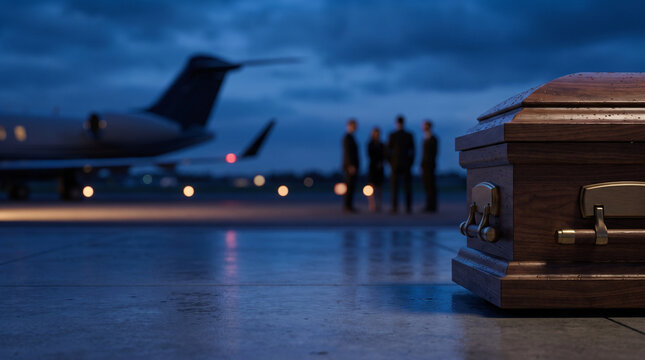 Funeral procession with wooden coffin at airport during dusk  