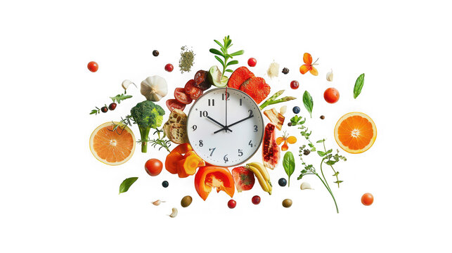 Clock surrounded by fresh vegetables and fruits emphasizes the importance of timing in healthy nutrition and daily meal preparation for a balanced diet within a busy lifestyle that values fresh.