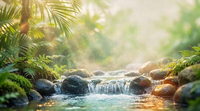 Tranquil stream flowing over rocks in lush green tropical jungle  