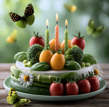 Vegetable birthday cake with candles tomatoes broccoli cucumber basil and butterflies outdoor garden party fresh and cheerful