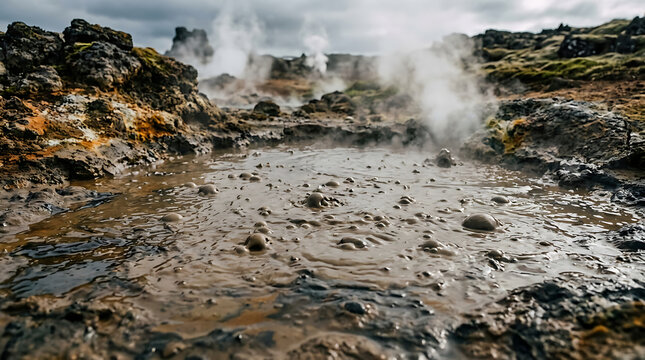 Bubbling geothermal mud pool releasing steam amidst volcanic terrain under an overcast sky