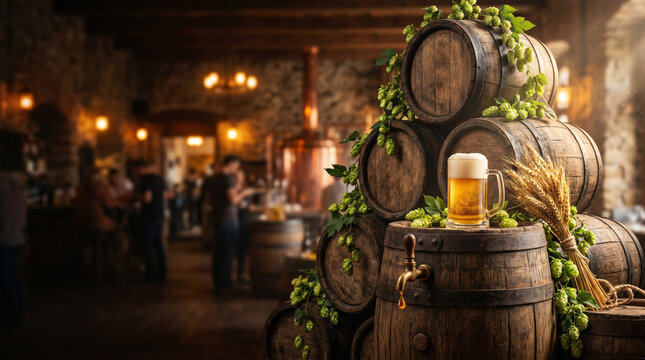 Beer glass on wooden barrels with hops in rustic brewery setting  
