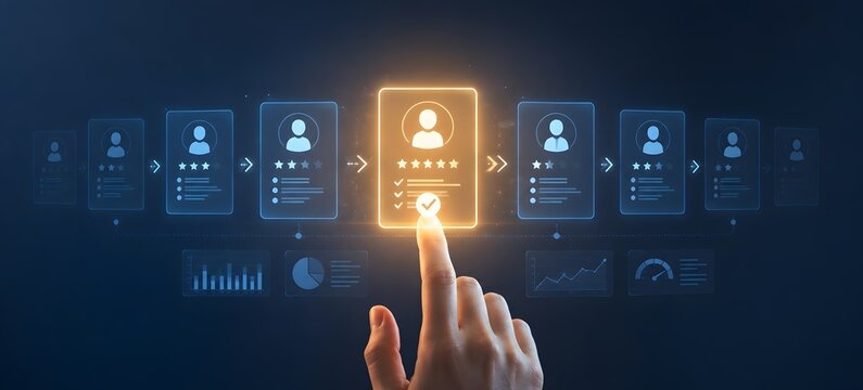 Hand selecting a top rated candidate profile with a checkmark symbol on a digital human resources recruitment interface
