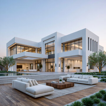 Modern house spacious open space large windows white exterior outdoor seating wooden deck luxury landscape