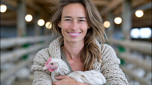 Farm woman holding chicken, smiling, wearing knitted sweater, standing in barn, natural light, rural lifestyle, happy expression
