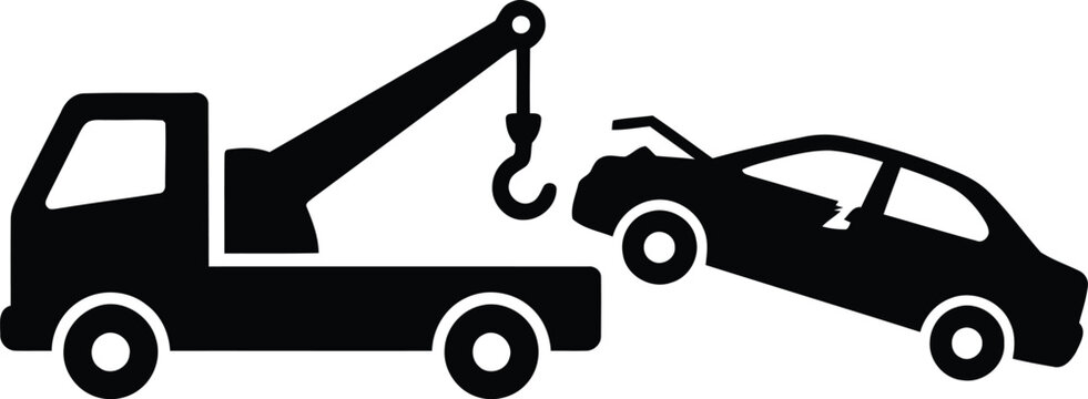 Tow truck silhouette icon, roadside assistance vehicle towing a broken car, automotive recovery service and emergency breakdown vector