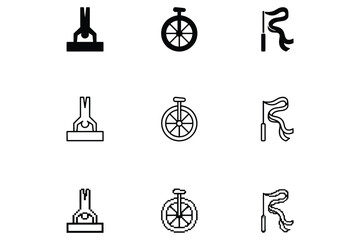 Set of circus icons featuring handstand gymnasts, unicycles, and rhythmic gymnastics ribbons in solid, outline, and pixel styles © ico-vect