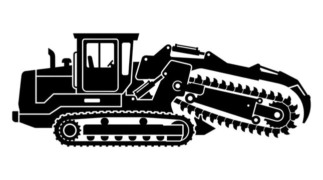 Industrial heavy duty chain trencher machine silhouette for construction and pipeline excavation work on white background