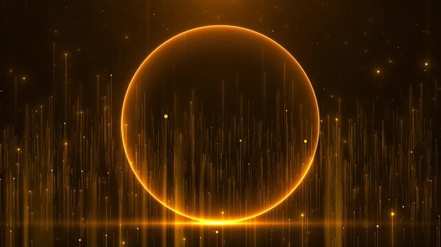 Golden circular light frame background glowing ring, vertical particle bars, floating sparks, warm luxury depth. for award videos, logo reveals, celebration intros, premium titles, elegant motion