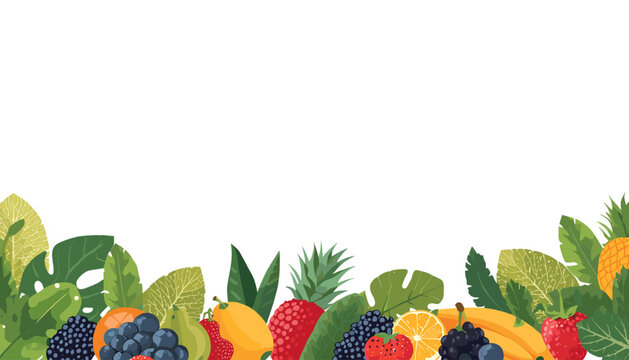 Colorful tropical fruit border with exotic leaves and fresh berries on a white background.