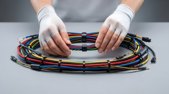 Professional technician organizing a bundle of colorful ethernet cables.