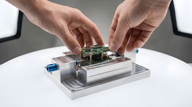 Engineer assembling electronic components on precision metal jig.