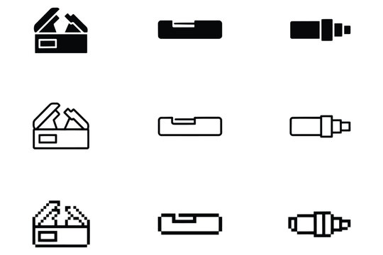 Set of construction tool icons including a wood plane, spirit level, and screwdriver, displayed in solid black, outline, and pixel styles