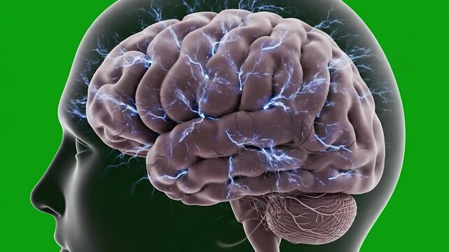 Human brain with electrical impulses on a green background