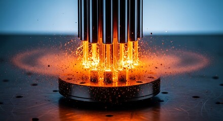 Industrial process showing metal rods interacting with a base emitting heat and sparks © Albert